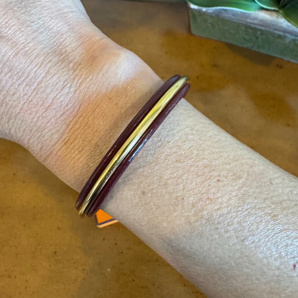 Hermes Gold Burgundy Leather Bangle Cuff Bracelet - Picture 3 of 10